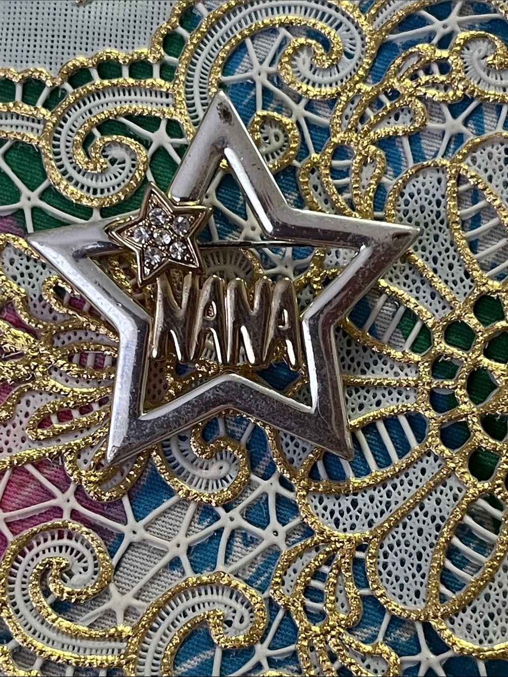NaNa Silver Star Brooch with Gold-tone Lettering and Crystal Accent